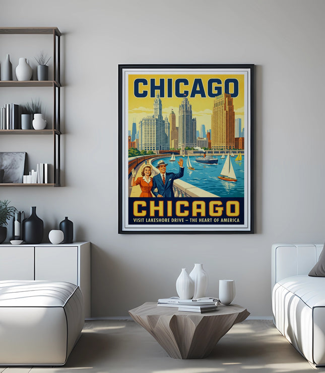 Vintage Chicago poster with city skyline, couple, and boats on the water.