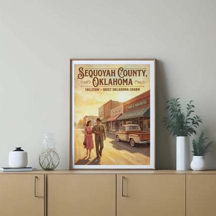 Retro poster of Sequoyah County, Oklahoma, with a couple walking by shops.