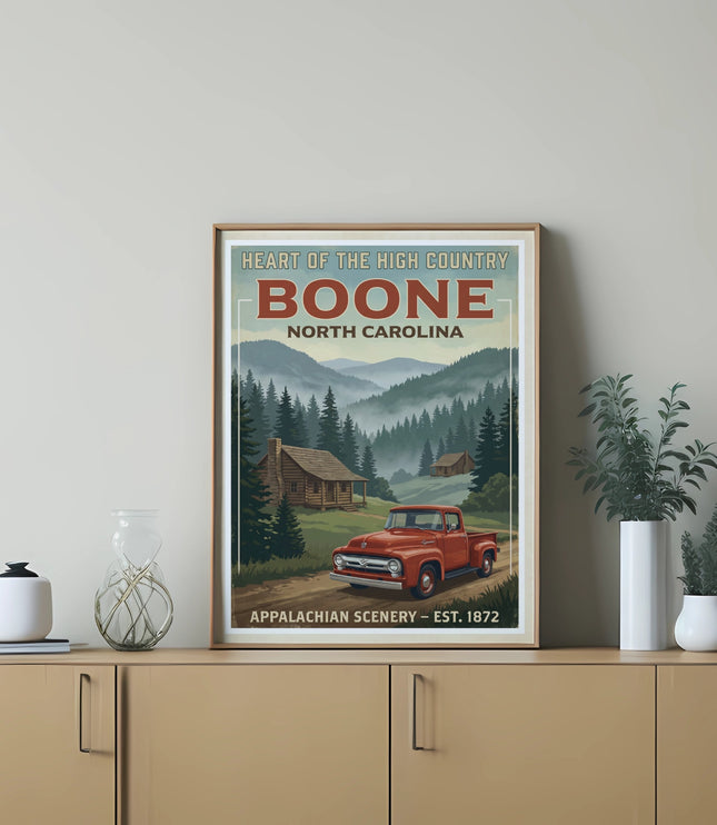 Boone, North Carolina travel poster with vintage truck and Appalachian scenery.