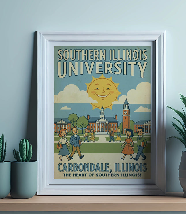 Vintage Southern Illinois University Carbondale poster with smiling sun and students.