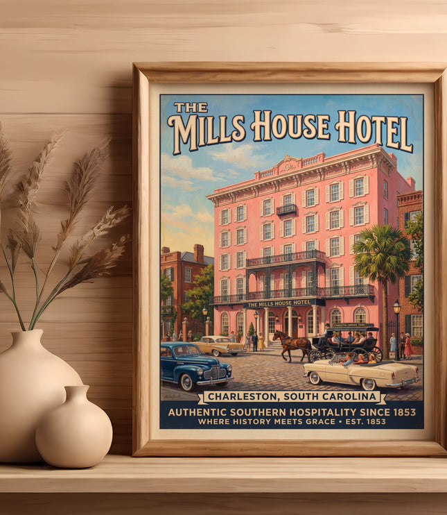 Vintage poster for The Mills House Hotel in Charleston, South Carolina.