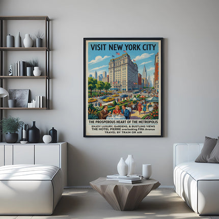 Vintage poster for New York City featuring the Hotel Pierre and city bustle.