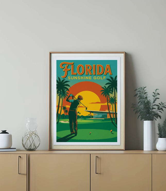 Florida Sunshine Golf vintage travel poster with golfer at sunset.
