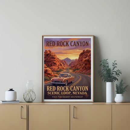Vintage poster of Red Rock Canyon Scenic Loop, Nevada with a classic car.