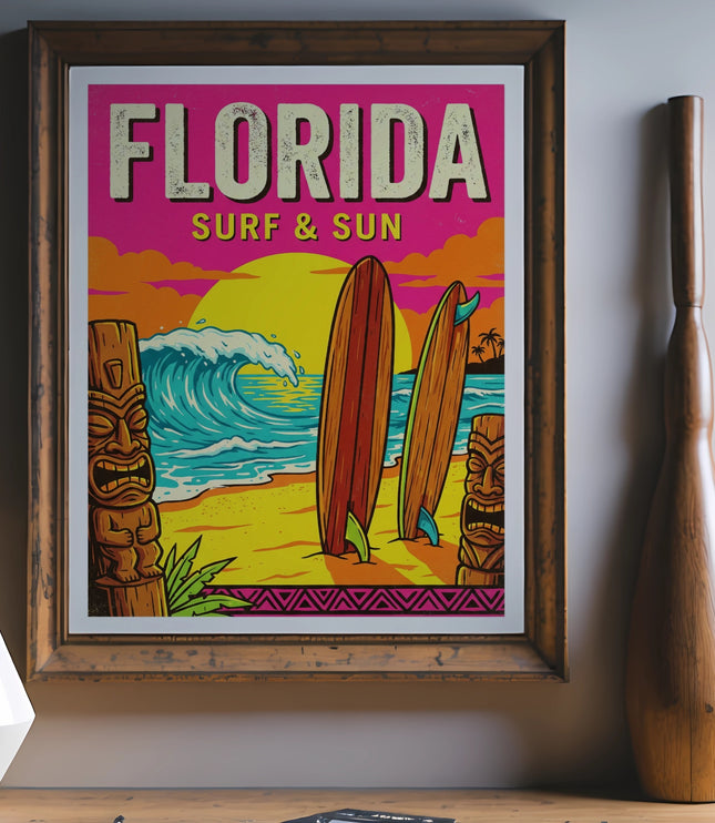 Framed poster for Florida Surf & Sun with surfboards, tiki, and waves.
