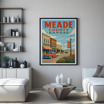 Vintage poster for Meade County, Kansas, featuring a classic car and storefronts.