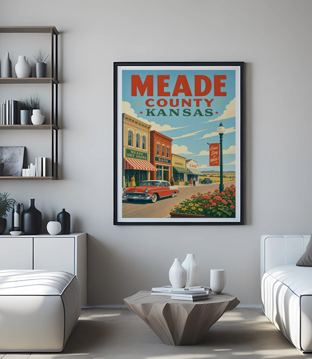 Vintage poster for Meade County, Kansas, featuring a classic car and storefronts.