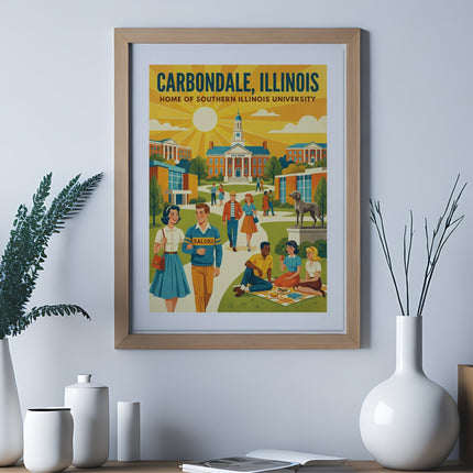 Carbondale, Illinois poster with university buildings, students, and "Saluki" text.