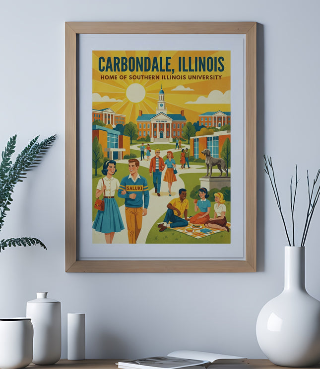 Carbondale, Illinois poster with university buildings, students, and "Saluki" text.