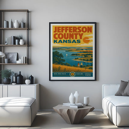 Poster for Jefferson County Kansas with lake and countryside scene.