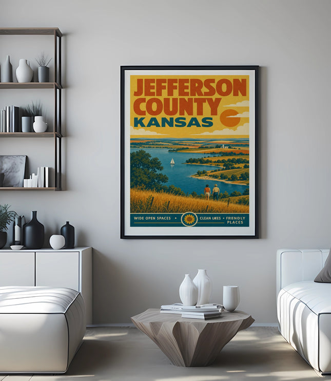 Poster for Jefferson County Kansas with lake and countryside scene.