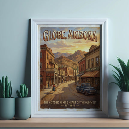 Poster of Globe, Arizona with vintage street scene and text "THE HISTORIC MINING HEART OF THE OLD WEST".