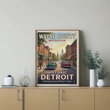 Wayne County Michigan vintage travel poster of historic Detroit street scene.