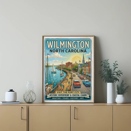 Wilmington, North Carolina vintage travel poster with riverfront and historic buildings.
