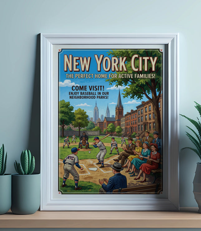 New York City travel poster showing a baseball game and cityscape.