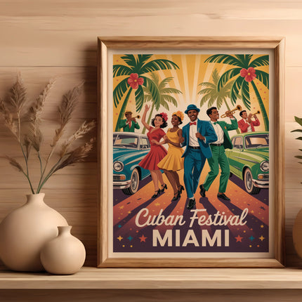 Framed artwork of dancers and cars at Cuban Festival Miami.