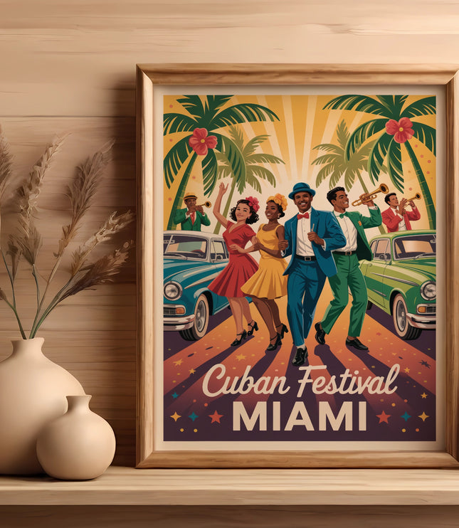 Framed artwork of dancers and cars at Cuban Festival Miami.