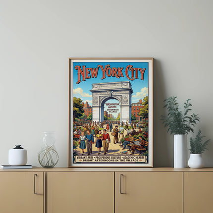 New York City poster featuring Washington Square Arch and Greenwich Village.