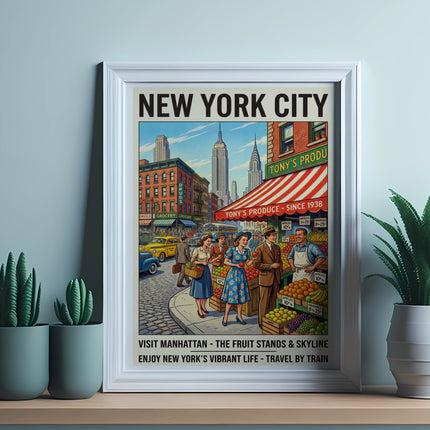 Vintage New York City scene with Empire State Building and people, text "NEW YORK CITY".