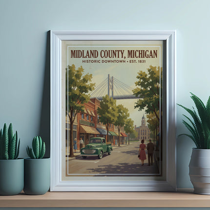 Midland County, Michigan historic downtown art with a vintage truck and bridge.