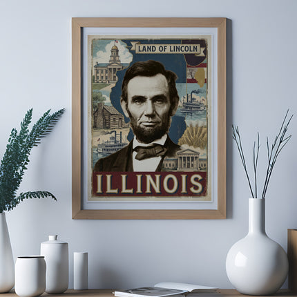 Framed "Land of Lincoln Illinois" poster with Abraham Lincoln portrait.