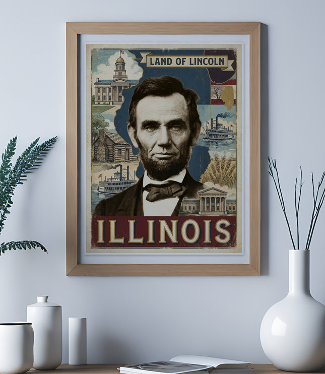 Framed "Land of Lincoln Illinois" poster with Abraham Lincoln portrait.