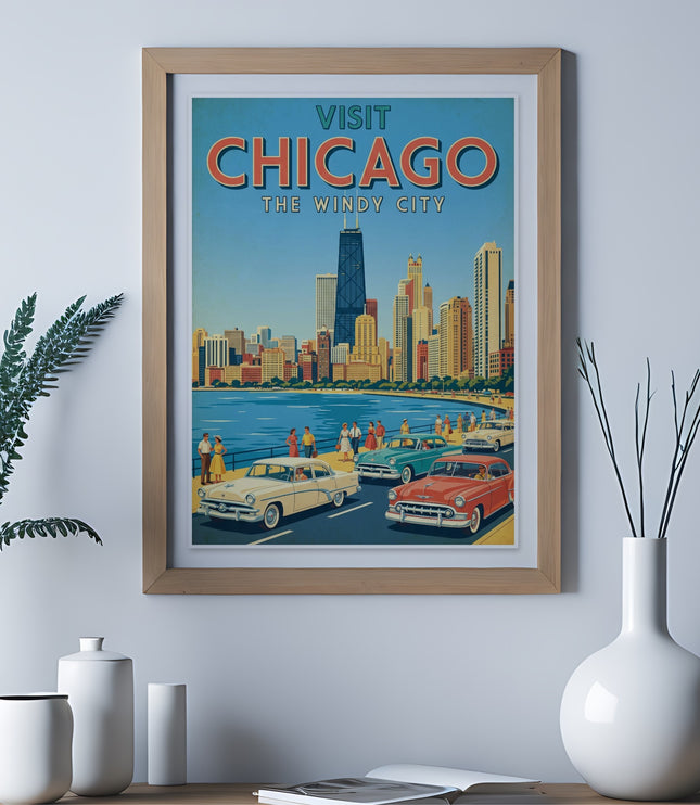 Vintage "Visit Chicago The Windy City" travel poster with skyline and vintage cars.