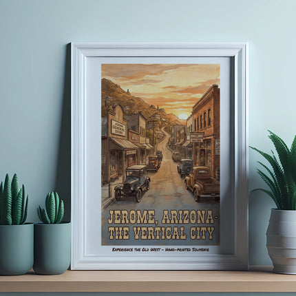 Jerome, Arizona - The Vertical City framed art print with vintage cars and buildings.