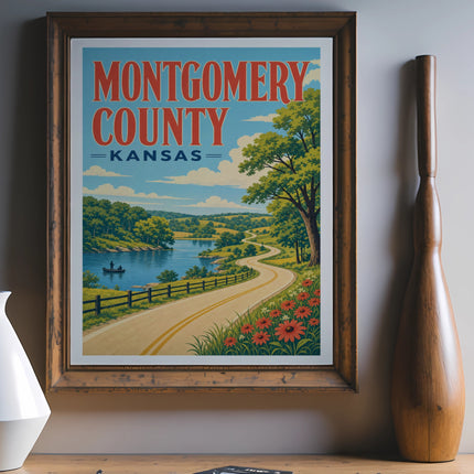Vintage travel poster for Montgomery County, Kansas featuring a winding road and lake.