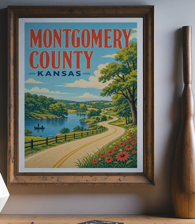 Vintage travel poster for Montgomery County, Kansas featuring a winding road and lake.