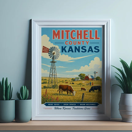 Vintage poster for Mitchell County, Kansas, featuring a windmill and cattle.