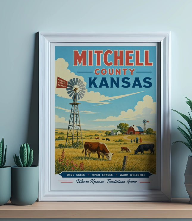 Vintage poster for Mitchell County, Kansas, featuring a windmill and cattle.