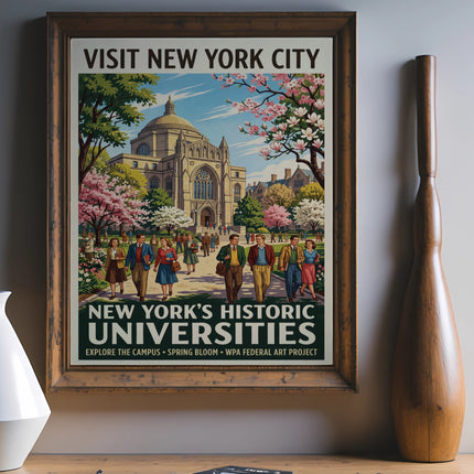 Vintage poster: Visit New York City's historic universities, explore the campus.
