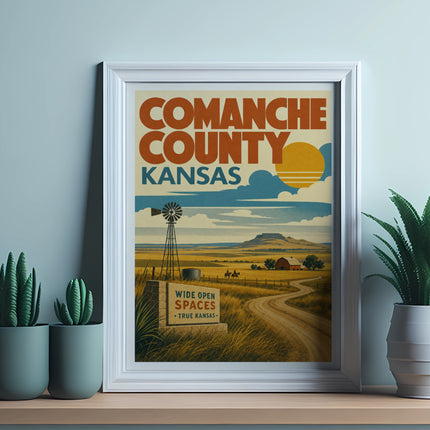 Comanche County Kansas vintage travel poster with windmill and open spaces.