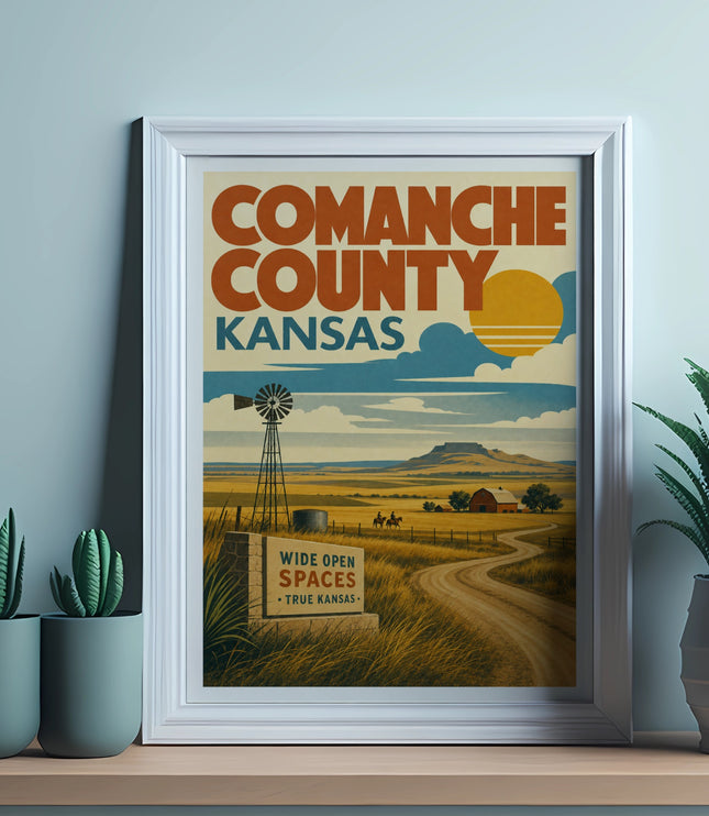 Comanche County Kansas vintage travel poster with windmill and open spaces.