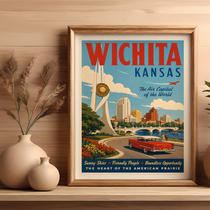 Vintage Wichita Kansas travel poster with skyline, car, and text.