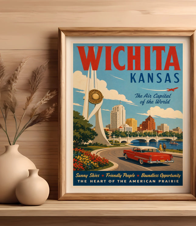 Vintage Wichita Kansas travel poster with skyline, car, and text.
