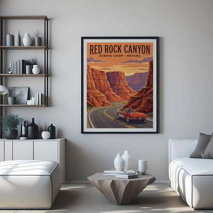 Red Rock Canyon poster with classic car on winding road, mounted on a wall.