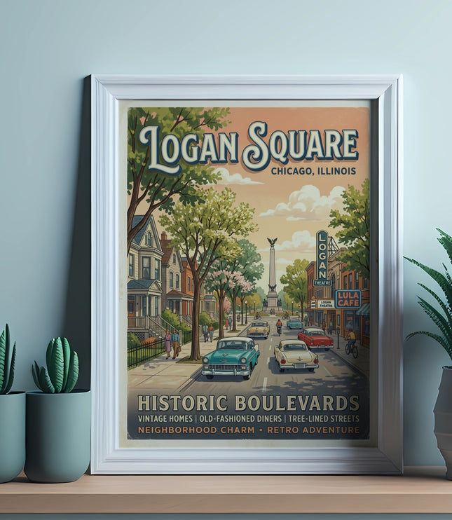 Logan Square vintage travel poster showing Chicago, Illinois streets and buildings.