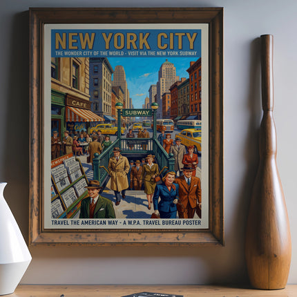 WPA poster of New York City street scene with subway entrance and people.