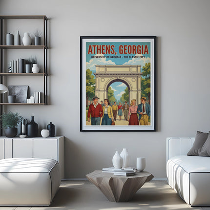 Athens, Georgia university poster with arched gateway and people.