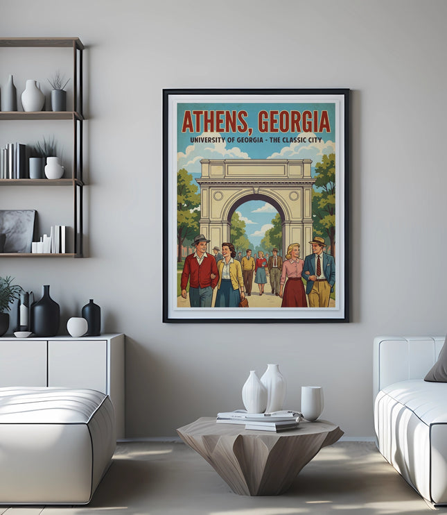 Athens, Georgia university poster with arched gateway and people.