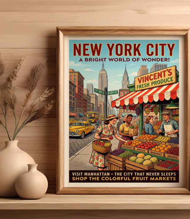 New York City poster shows fruit markets with Vincent's Fresh Produce in Manhattan.