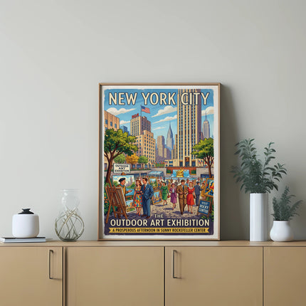 New York City Outdoor Art Exhibition poster with Rockefeller Center illustration.