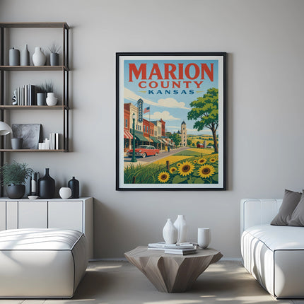 Vintage "Marion County Kansas" travel poster featuring a town street scene with sunflowers.
