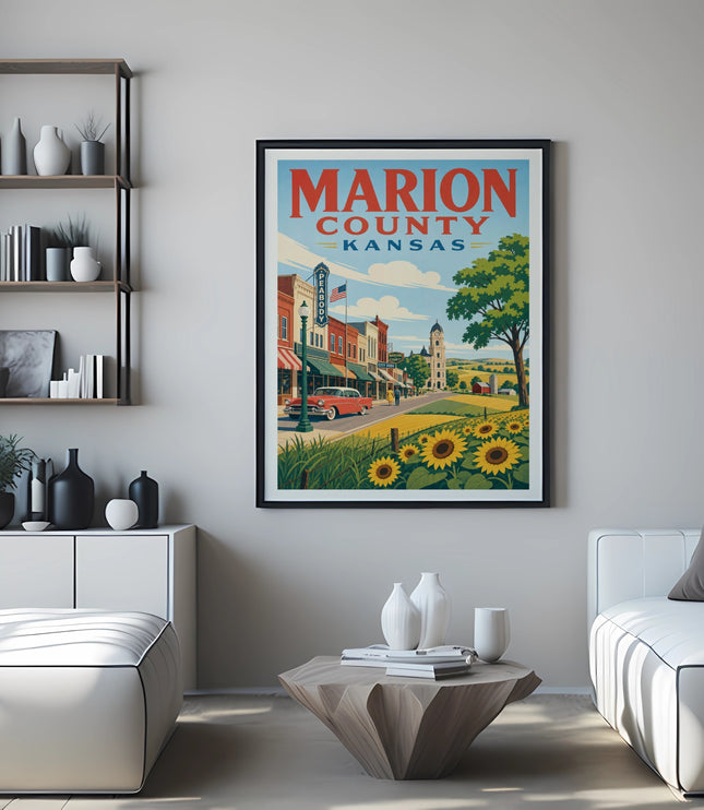 Vintage "Marion County Kansas" travel poster featuring a town street scene with sunflowers.