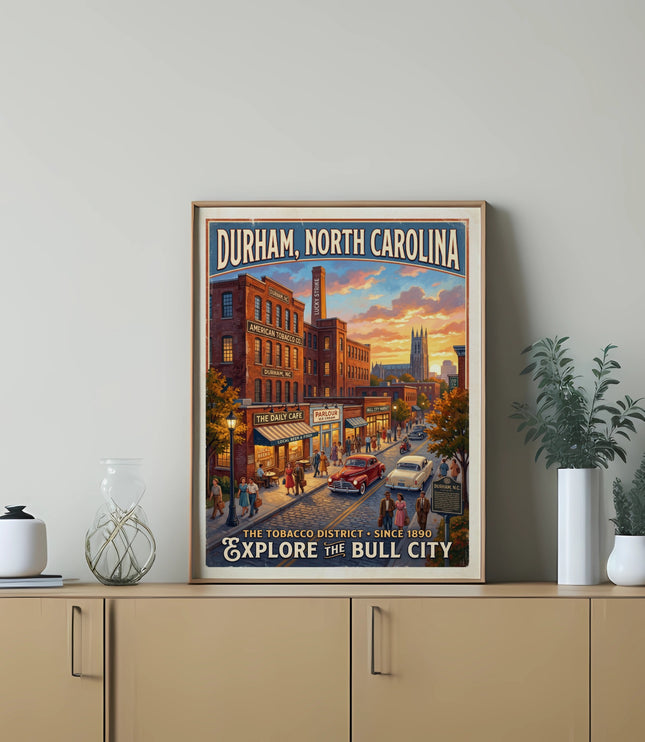 Retro art print featuring Durham, North Carolina's Tobacco District with Lucky Strike building.