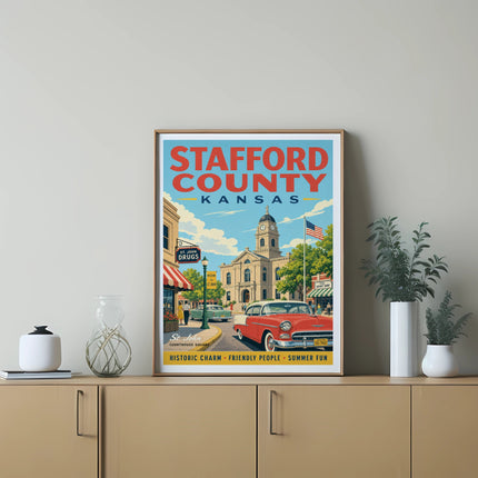 Stafford County, Kansas vintage travel poster with courthouse square and classic car.