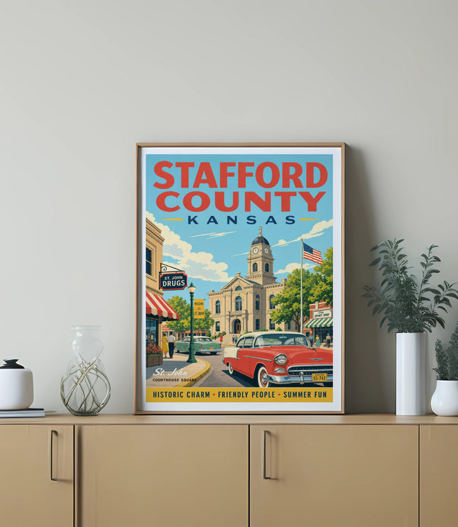 Stafford County, Kansas vintage travel poster with courthouse square and classic car.