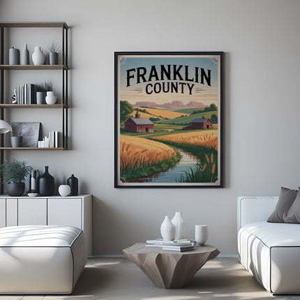 Franklin County poster featuring a pastoral landscape with fields and a barn.